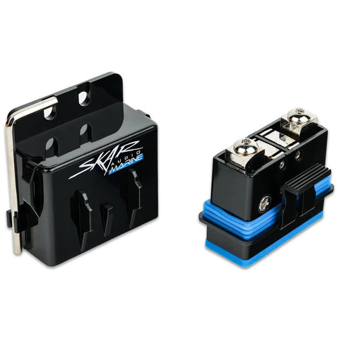 Heavy Duty Four Gauge Awg Marine Grade Inline Mini Anl Fuse Holder Featuring IP65 Sealed Waterproof Housing And Three Badass 80 100 150 Amp Fuses For Your Daily Driver Ride, shown from the front and side.
