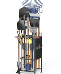 Metal Yard Tool Organizer With Side Pocket And Six Pockets Holds 50 Long Handled Tools, Rakes And Brooms All In One Heavy Duty Steel Rack