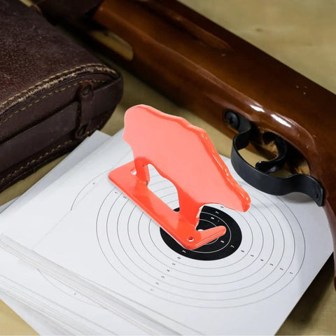 Four Piece Gun Target Set With Animal Silhouette Targets Stainless Steel Neon Orange Powder Coat Ultra Portable For Outdoor Practice High Visibility Training Targets For Range Days And Casual Plinking on paper targets next to rifle stock