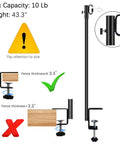Dang Tough Deck String Light Poles Four Pack Heavy Duty All Metal Hooks for Fences showing size warnings and clamp adjustments.
