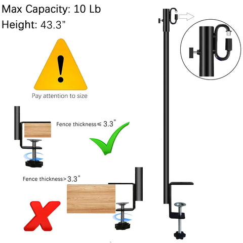Dang Tough Deck String Light Poles Four Pack Heavy Duty All Metal Hooks for Fences showing size warnings and clamp adjustments.