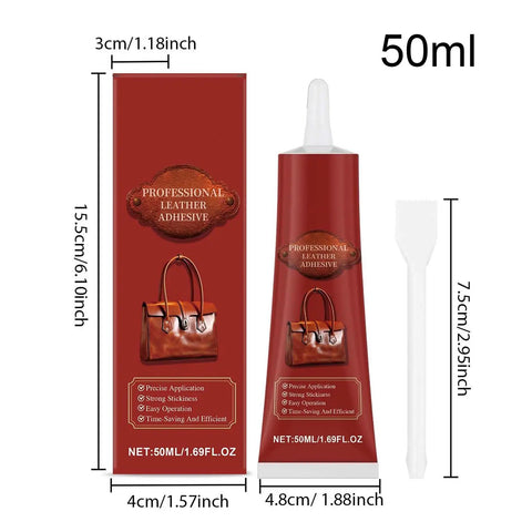 Professional Leather Adhesive tube and box with scraper, 50ml size, brown packaging with leather repair focus.