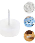 White Round Chair Glides For Hardwood Floors And Carpet, 100 Pack Of Plastic And Metal Furniture Leg Protectors, close-up view and installation.