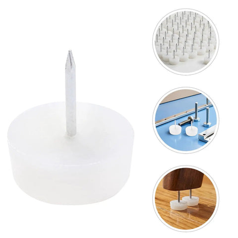 Close-up of 100 Pieces White Plastic Furniture Glides With Metal Nails, 0.94 Inch Round Leg Floor Protectors for sofas and tables