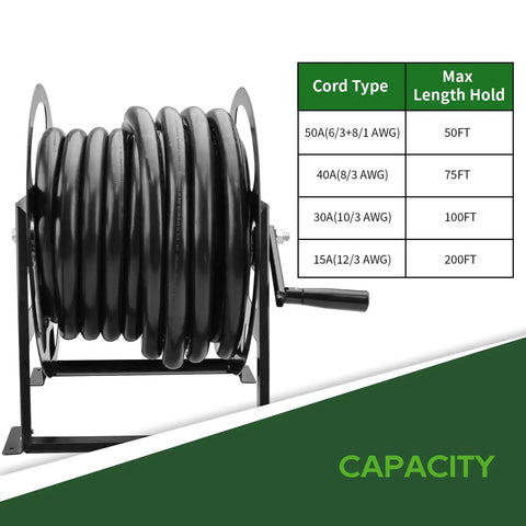 Heavy Duty RV Power Cord Reel For Fifty Amp Cables Holds Up To Fifty Feet Of Six Three Plus One Eighth AWG Cable All Metal Winding Reel