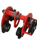 No Fuss Heavy Lifter Hand Chain Hoist With Integrated Monorail Trolley For Standard I Beam Structures In Warehouses And Workshops Featuring A Smooth Five Ton Manual Pull System That Gets The Job Done Right, showing red trolley system with pulleys and wire.