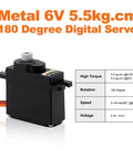Image of a metal 6V 5.5kg.cm 180-degree digital servo with specifications for torque, rotation, speed, and voltage displayed.