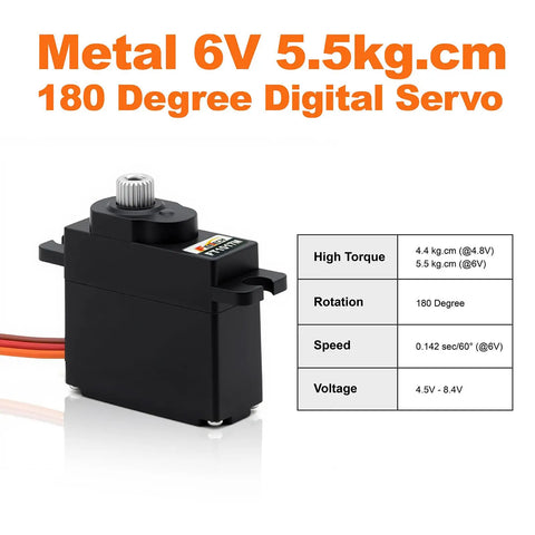 Image of a metal 6V 5.5kg.cm 180-degree digital servo with specifications for torque, rotation, speed, and voltage displayed.