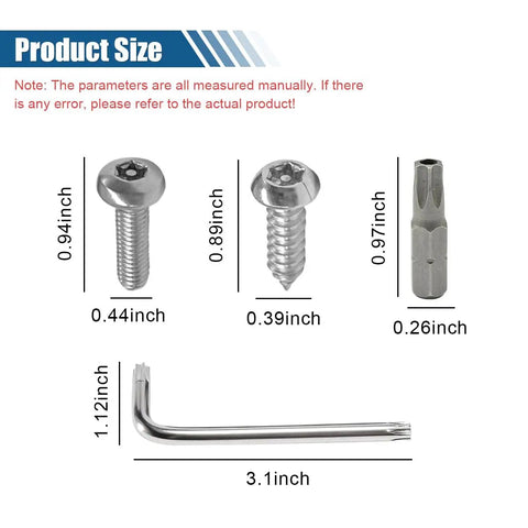 Heavy Duty Stainless Steel Anti Theft License Plate Screws Kit sizes with tamper-resistant bolts and tool for secure mounting.