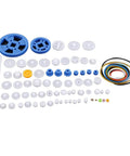 64 Kinds Plastic Gears, Pulleys, And Belts Kit For Robot Motors, Engineering Projects, And Model Making components displayed