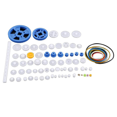 64 Kinds Plastic Gears, Pulleys, And Belts Kit For Robot Motors, Engineering Projects, And Model Making components displayed