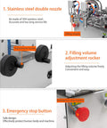 Plug And Play Pneumatic Piston Filling Machine With Double Nozzle For Liquids And Pastes Semi Automatic Horizontal Dispenser, showing stainless steel double nozzle and adjustment rocker.
