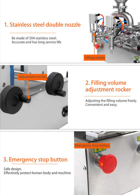 Plug And Play Pneumatic Piston Filling Machine With Double Nozzle For Liquids And Pastes Semi Automatic Horizontal Dispenser, showing stainless steel double nozzle and adjustment rocker.
