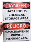 Hazardous Chemical Storage Area Sign Bilingual English Spanish Authorized Personnel Only OSHA 10x14 Inch Tough 80mil Plastic For Cabinets Containers Bins And Fencing, front view