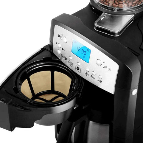No Fuss Fully Automatic Drip Coffee Maker With Built In Grinder showing control panel and coffee filter holder.