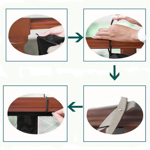 Hands installing Durable Baby Safety Net For Stairs And Banisters Kid Proofing Mesh Netting For Railing Balconies And Cribs
