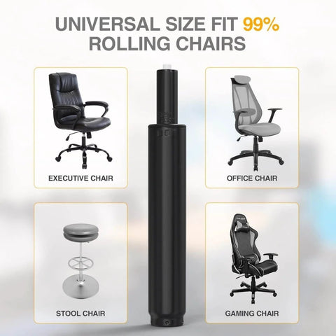 Heavy Duty Gas Lift Cylinder Replacement For Office Chairs Universal 50mm 2 Inch Fit Class 4 Hydraulic Pneumatic Piston Fits Most Chairs And Bases Great For Task Executive Salon Chairs And Rolling Stools displayed with various chair types.