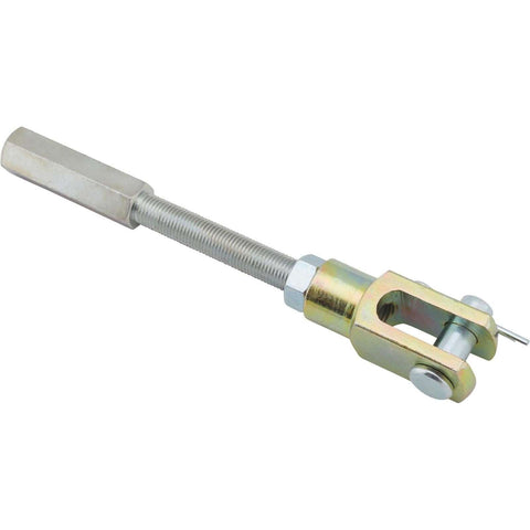 Bolt On Master Cylinder Clevis And Pushrod Kit Three Eighths Inch Fine Thread Clevis With Four Point Seven Five Inches Pushrod Length And Two Inches Clevis Includes Pin And Cotter Key For Brake Pedal Connection shown in side view.