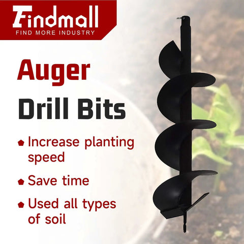 Beast Mode Earth Auger Drill Bits Set For Gas Powered Post Hole Digger in black, side view in soil, text overlay on planting benefits