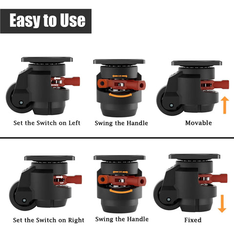 Set of 4 Heavy Duty Leveling Casters with Rock Solid Nylon Wheels and Thickened Steel Base showing adjustable usage instructions.