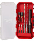Open case showing Tapcon SDS Plus Installation Kit with drill bits and hex bits, including 1 inch and 4 inch hex drive bits.