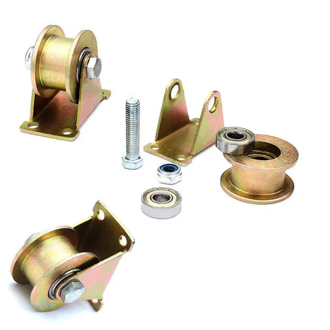 Straight Up Heavy Duty Galvanized Steel Track Wheel Featuring Rock Solid Double Bearings For Slick Sliding Gate Roller And No Junk Barn Door Caster On 50 Millimeter Wire Rope Rails, showcasing various wheel components.