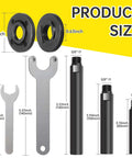 Angle grinder attachments kit with 3 extension rods (5.5/4/3 in), 4 flange nut sets, and 2 spanner wrenches for 5/8-11 threads.