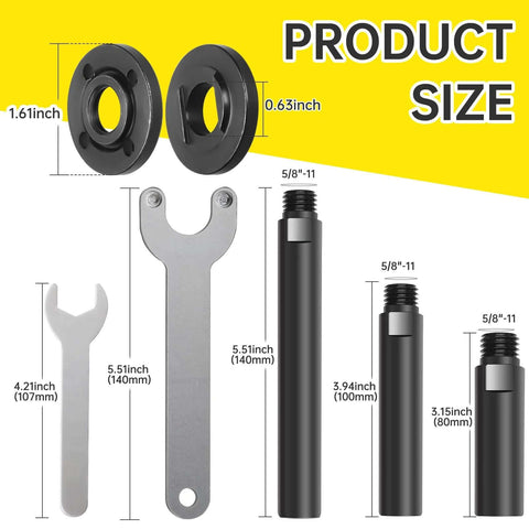 Angle grinder attachments kit with 3 extension rods (5.5/4/3 in), 4 flange nut sets, and 2 spanner wrenches for 5/8-11 threads.