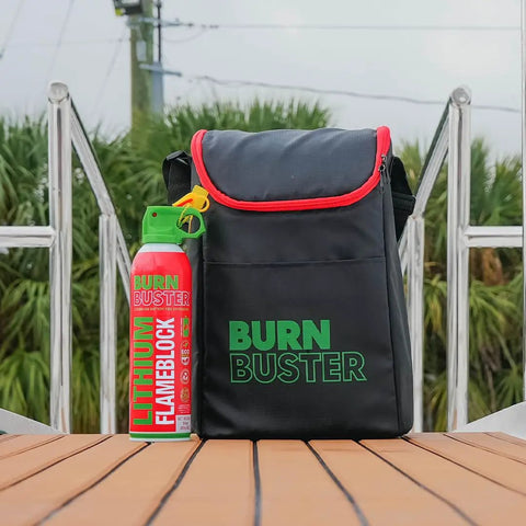 All-In-One Fire Safety Kit 6-Piece With Lithium-Ion Fire Suppression Gel and black carrying bag on a wooden surface