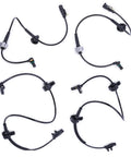 Set of four black ABS wheel speed sensors with wiring harnesses for front and rear wheels