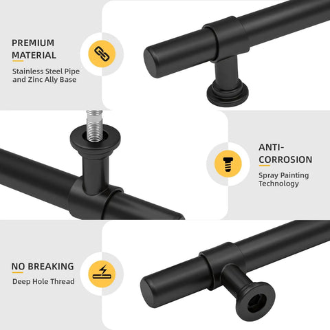 Details of Slick 3 Inch Matte Black Cabinet Pulls 25 Pack showing premium material, anti-corrosion, and deep hole thread features.