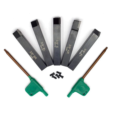 Three Eighths Inch Mini Indexable Lathe Turning Tool Holder Set, Five Piece With AL AR BL BR E Holders And Five TCMT C6 Inserts