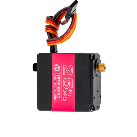 Built Tough Heavy Duty Digital Servo Motor With Solid Full Metal Gears And Killer Twenty Five Kilogram Torque, showing side view and wiring for robot arms.