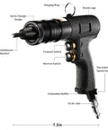 Heavy Duty Pneumatic Rivet Nut Gun Tool Kit With 3 Heads 1/4 Inch 5/16 Inch 3/8 Inch, detailing switches and design features.