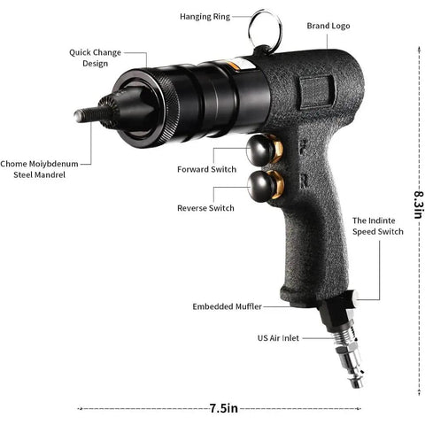 Heavy Duty Pneumatic Rivet Nut Gun Tool Kit With 3 Heads 1/4 Inch 5/16 Inch 3/8 Inch, detailing switches and design features.