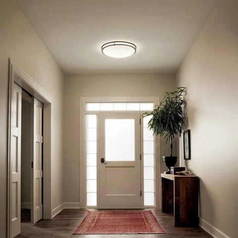 Avon 14 Inch LED Flush Mount With Acrylic Diffuser In Brushed Nickel For A Modern Home Or Office illuminating an entryway