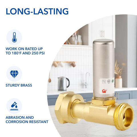 Water Hammer Arrestor Set for Washing Machines, Quiet Pipe Noise Reduction, 2 Pack, Three Quarters Inch Fittings, Premium Space Saving Compact Design, Multi Directional Install, Extends Pipe Life brass arrestor shown