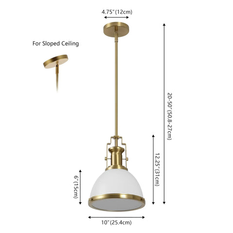 Brass Gold Modern Industrial 10 Inch Pendant Light With White Dome Shade Slick Look For Kitchen Island Or Entryway LED Bulb Included