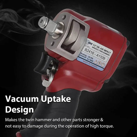 Close-up of 1/2 Inch Mini Air Impact Wrench with Twin Hammer, lightweight vacuum uptake design, made in Taiwan