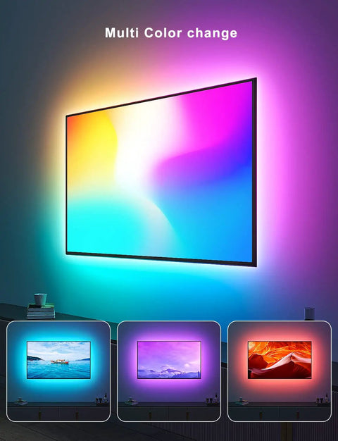 LED Backlight Kit for 40 to 75 Inch TVs With Power Supply and Remote, 12 Preset RGB Colors, showing multi-color change effect