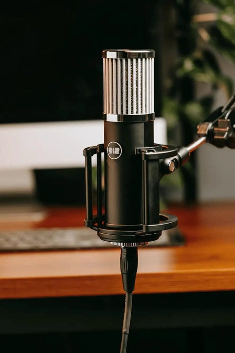Skylight Large Diaphragm Studio Condenser XLR Mic with Shock Mount setup on desk for home studio recording sessions.