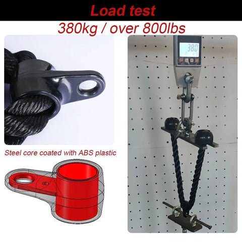 Heavy Duty Tricep Rope Attachment For Cable Machines 27 And 35 Inch Nylon Braided Rope With Solid Rubber Ends Universal Gym Compatible Pulldown Accessory Builds Triceps Biceps Back Shoulders Abs Two Color Black Red during load test showing 380kg weight capacity