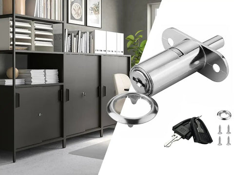 Tough As Nails Push Plunger Cabinet Door Locks Machined Steel Sliding Drawer Latches with key and screws for installation.