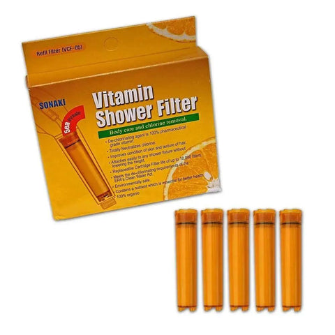 Vitamin C Shower Filter Cartridge Refill Pack For Sonaki Showerheads Fits 50V 100V And 300 Inline Models Five Pack Takes Out Up To Ninety Nine Point Nine Percent Chlorine And Chloramines For Healthier Skin And Hair shown with packaging and five orange cartridges