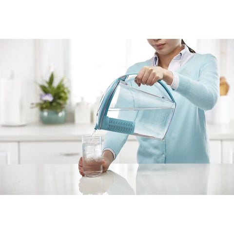 Person pouring water from a 10 Cup Water Filter Pitcher With One Stream Filter For Tap Water, BPA Free, Lake Blue in kitchen.