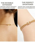 DIY Jewelry Repair Kit For Broken Necklaces And Bracelets With 15 Gold Plated Clasps Including Lobster Clasp Spring Ring Closures And Oval Findings To Fix Your Favorite Jewelry Fast, showing necklace extender and bracelet shortener on model's neck and wrist.