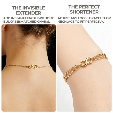 DIY Jewelry Repair Kit For Broken Necklaces And Bracelets With 15 Gold Plated Clasps Including Lobster Clasp Spring Ring Closures And Oval Findings To Fix Your Favorite Jewelry Fast, showing necklace extender and bracelet shortener on model's neck and wrist.