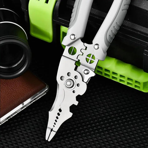 Rugged Stainless Steel Wire Stripper And Cable Cutter Pliers Quick Release Jaw, close-up view with comfort grip handles.