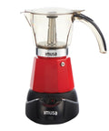 Kickstart Your Day With This Dope Compact Electric Espresso Coffee Maker Featuring A Seriously Cool Touch Handle And Versatile 3 6 Cup Capacity For Quick Perky Shots In Bold Red, showcasing a red electric espresso maker with a clear lid.