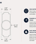 Front view diagram showing dimensions and details of Four Pack Matte Black Cabinet Knobs With Sleek Backplates.